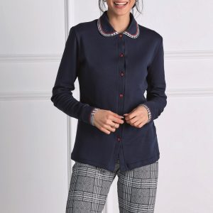 OHANA – Pigiama In Caldo Cotone Con Colletto Ricamato – Blu