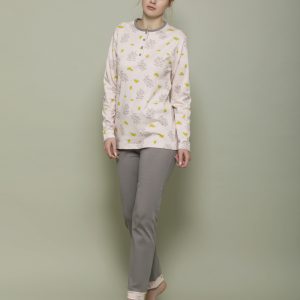 PIGIAMIAMOCI – Pigiama In Caldo Cotone Con Fantasia “Foglie” – Avorio – Marino