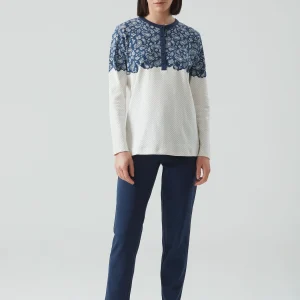 RAGNO – Pigiama In Cotone Interlock Con Stampa Damascata E Micro Pois – Blu Marino