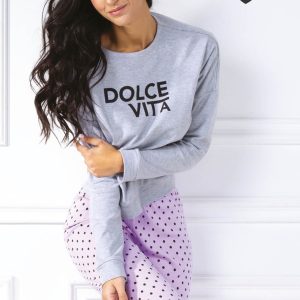 LOVEANDBRA – Pigiama In Caldo Cotone Con Stampa “Dolce Vita” – Grigio – Ivory