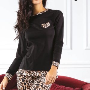 LOVEANDBRA – Pigiama In Interlock Con Dettagli Leopardati – Nero – Cipria