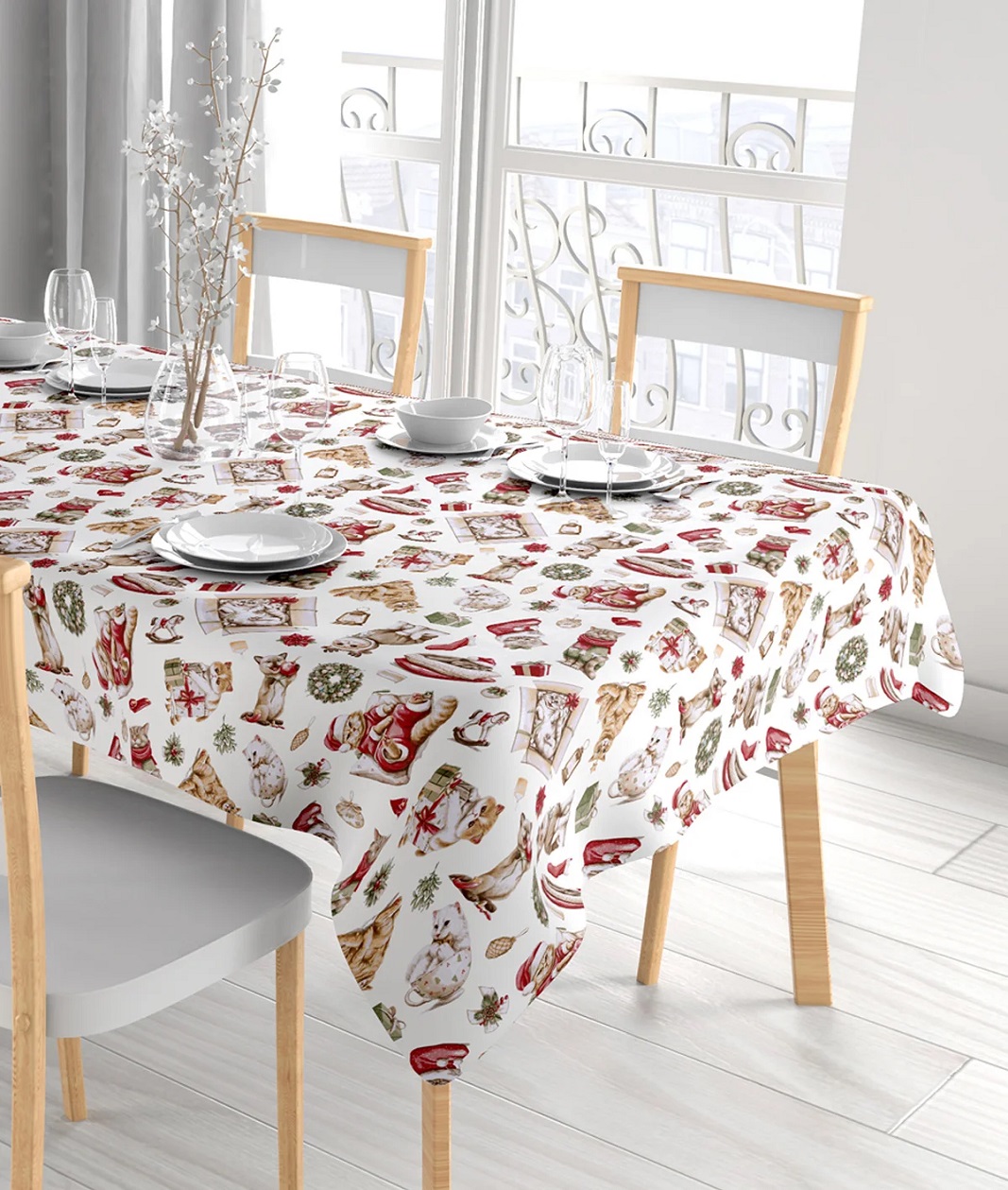 VINGI – Tovaglia Natalizia Antimacchia Con Gattino - immagine 2